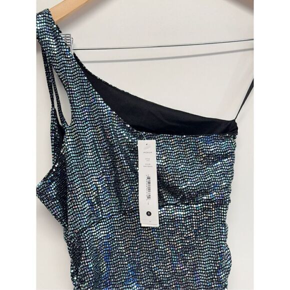 AQUA Dress Size Small Asymmetric Midi Cocktail Party Blue Sequined NWT - Picture 9 of 11